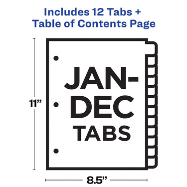 Avery Jan-Dec 12 Tab Dividers for 3 Ring Binders, Customizable Table of Contents, Multicolor Tabs, 1 Set (11127)